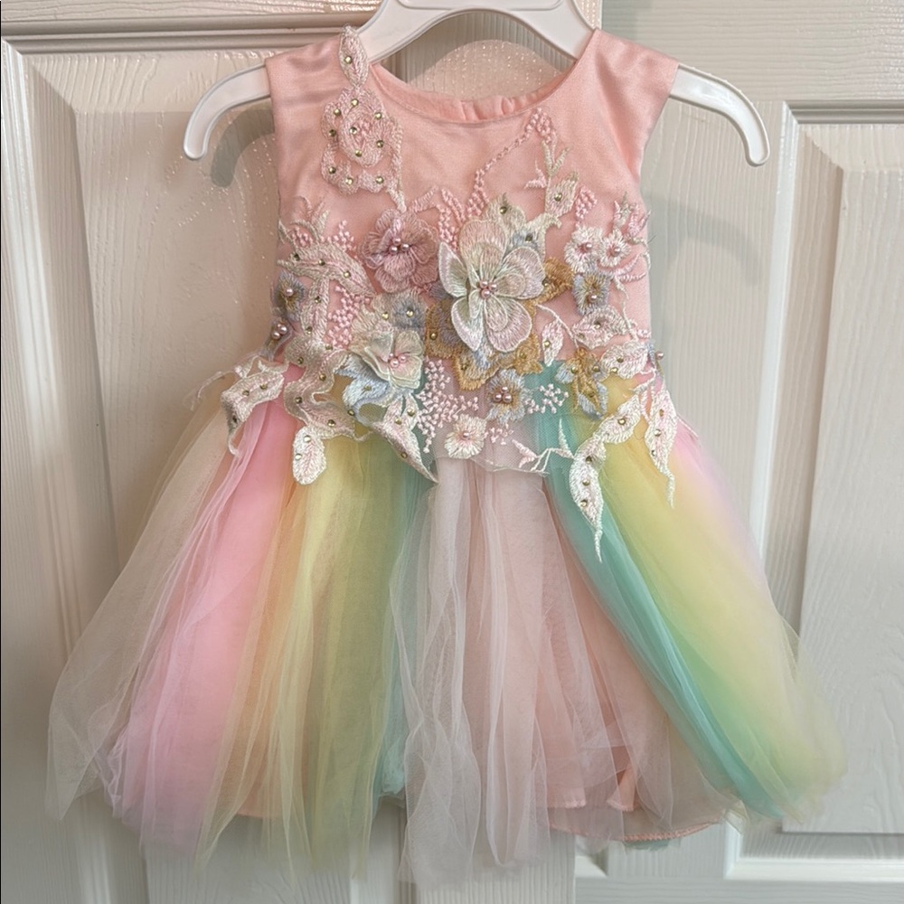 Pastel Rainbow Tulle Dress with Floral Embellishments